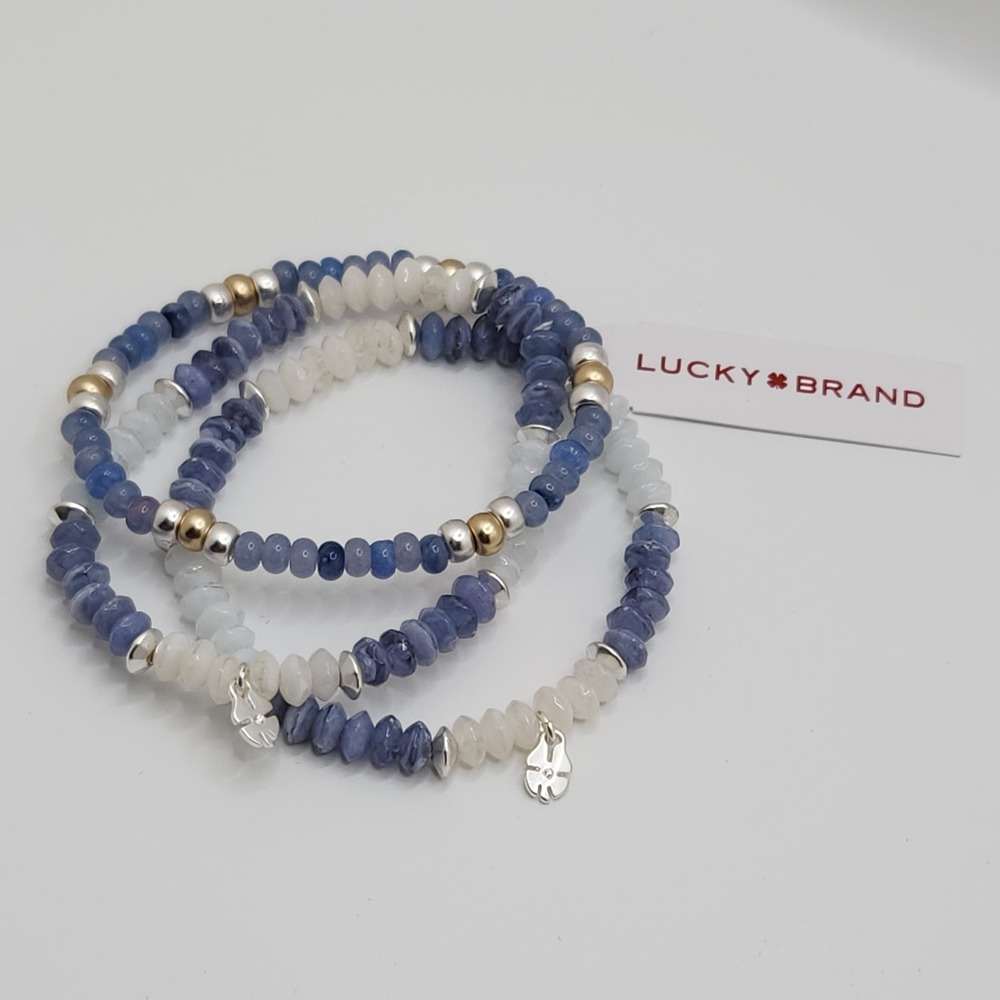Boho Lucky Brand Blue White Gemstone Beaded Stretch Bracelet Set 3pc NEW - Picture 2 of 6